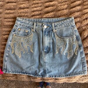 Cider Heating Up Rhinestone Denim Mini Skirt - S